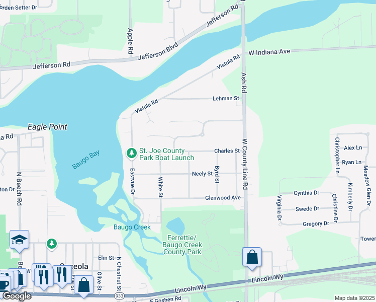 map of restaurants, bars, coffee shops, grocery stores, and more near 10249 Charles Street in Osceola