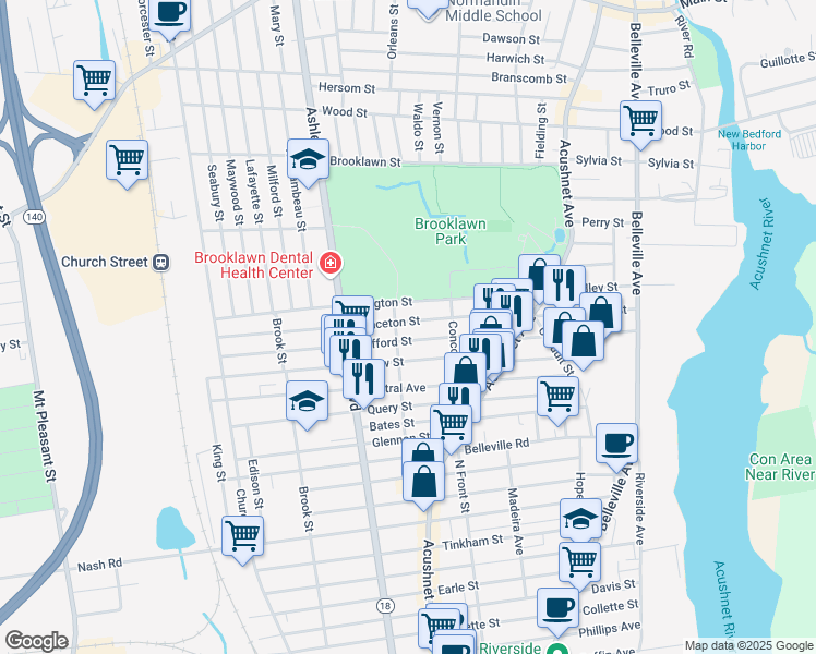 map of restaurants, bars, coffee shops, grocery stores, and more near 109 Princeton Street in New Bedford
