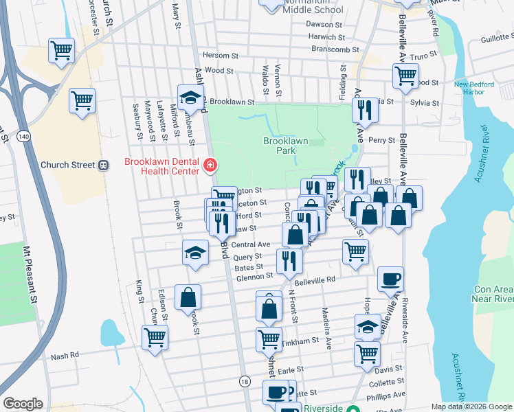map of restaurants, bars, coffee shops, grocery stores, and more near 109 Princeton Street in New Bedford
