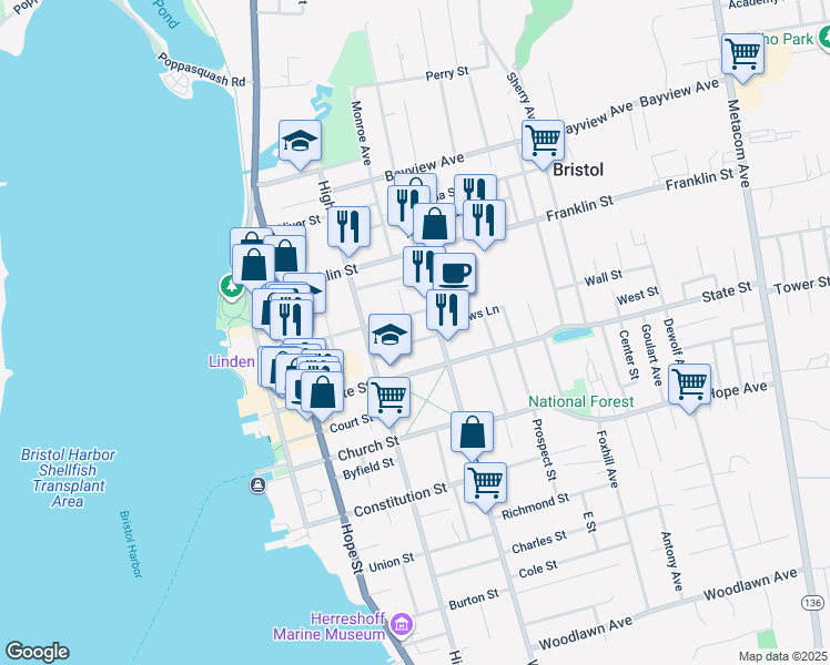 map of restaurants, bars, coffee shops, grocery stores, and more near 163 Bradford Street in Bristol