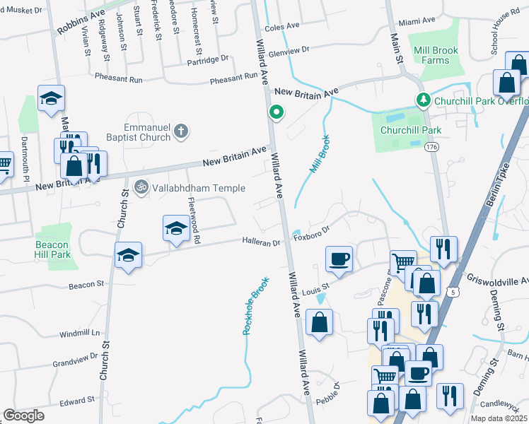 map of restaurants, bars, coffee shops, grocery stores, and more near 1435 Willard Avenue in Newington