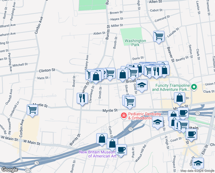 map of restaurants, bars, coffee shops, grocery stores, and more near 259 Broad Street in New Britain