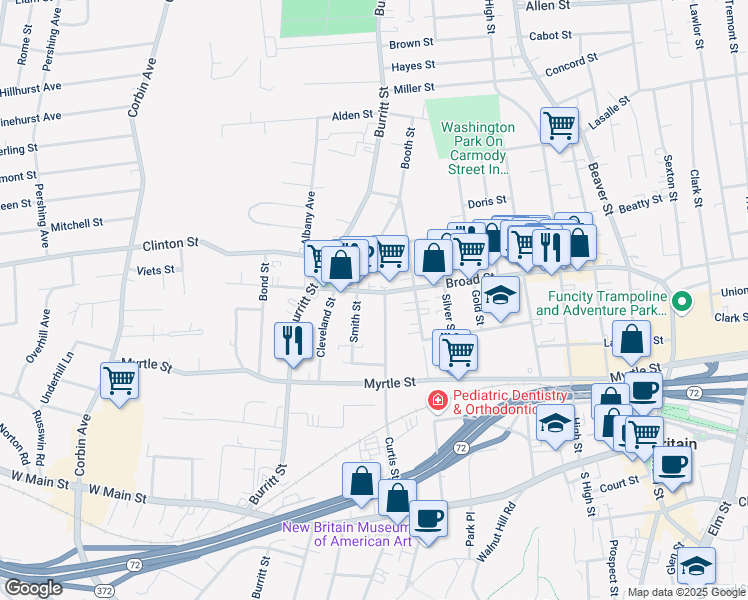map of restaurants, bars, coffee shops, grocery stores, and more near 259 Broad Street in New Britain