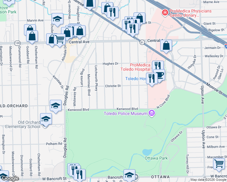 map of restaurants, bars, coffee shops, grocery stores, and more near 2702 Powhattan Parkway in Toledo