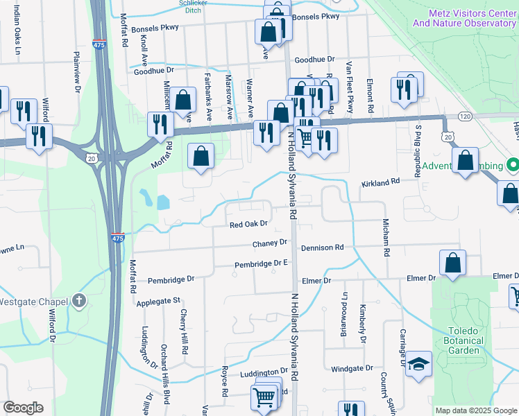 map of restaurants, bars, coffee shops, grocery stores, and more near 5966 Black Oak Drive in Toledo