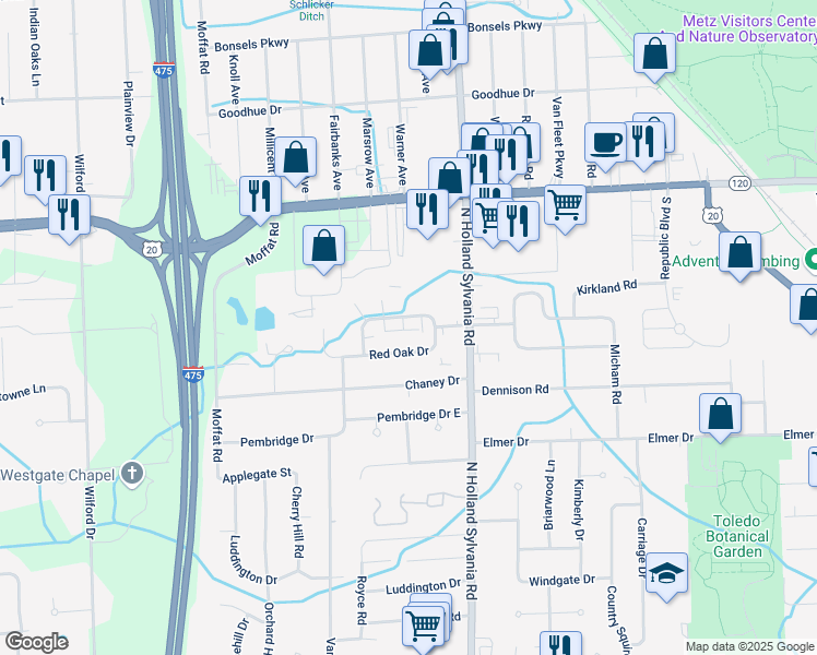map of restaurants, bars, coffee shops, grocery stores, and more near 5966 Black Oak Drive in Toledo