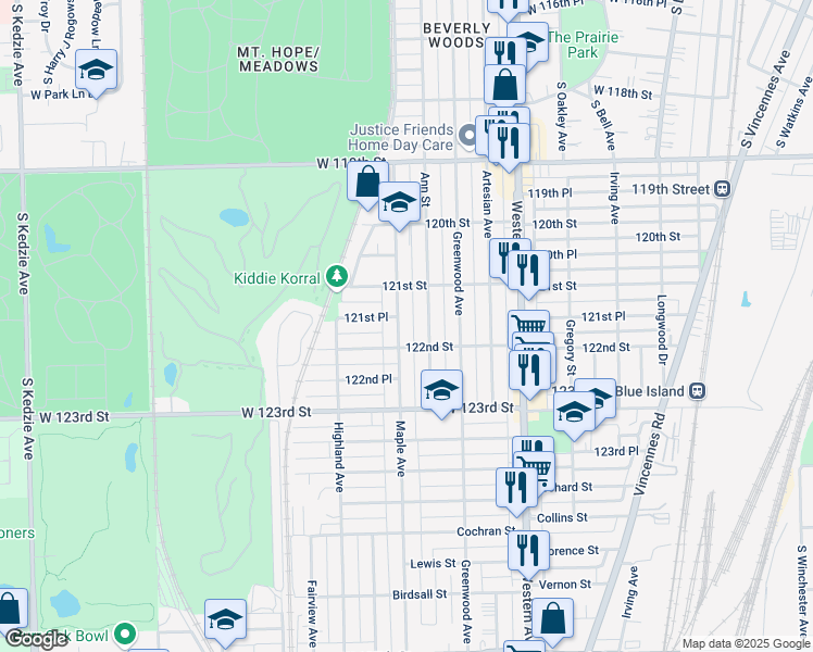map of restaurants, bars, coffee shops, grocery stores, and more near 12123 Maple Avenue in Blue Island