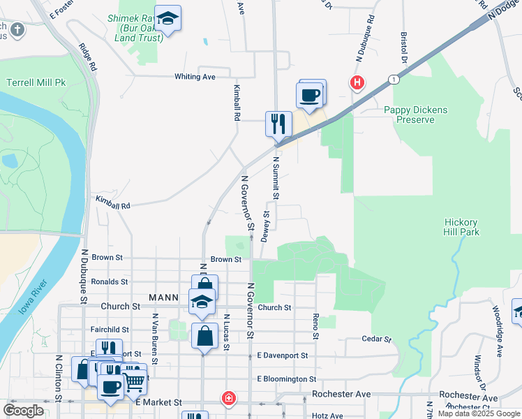 map of restaurants, bars, coffee shops, grocery stores, and more near 1018 North Governor Street in Iowa City
