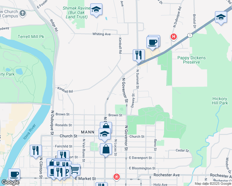 map of restaurants, bars, coffee shops, grocery stores, and more near 914 1/2 North Dodge Street in Iowa City
