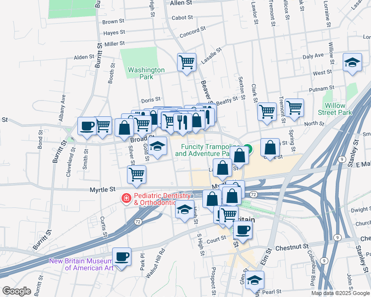 map of restaurants, bars, coffee shops, grocery stores, and more near 172 High Street in New Britain