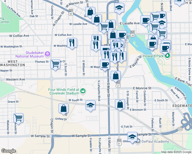 map of restaurants, bars, coffee shops, grocery stores, and more near in South Bend