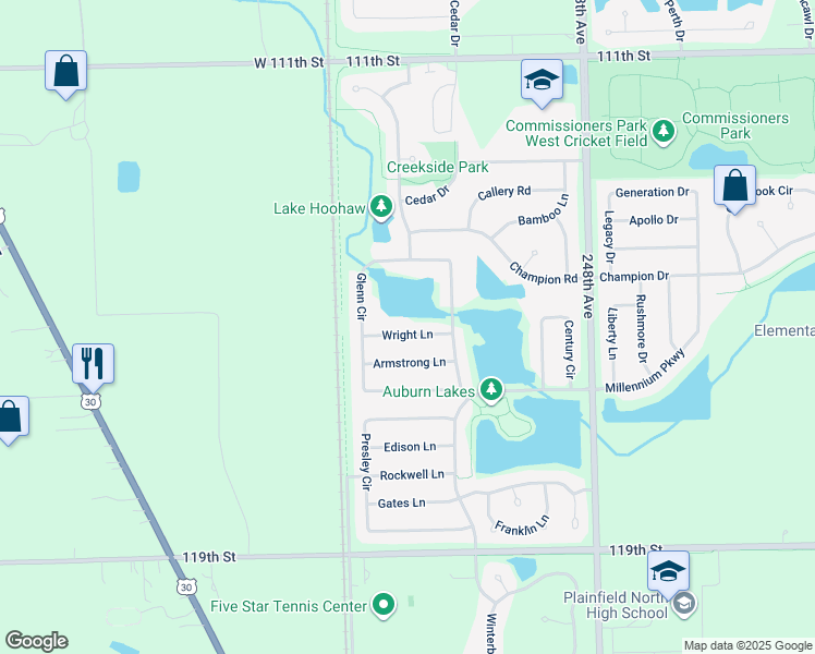 map of restaurants, bars, coffee shops, grocery stores, and more near 25100 Wright Lane in Plainfield