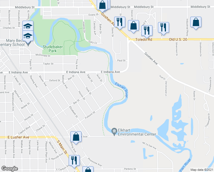 map of restaurants, bars, coffee shops, grocery stores, and more near 1608 Arch Street in Elkhart