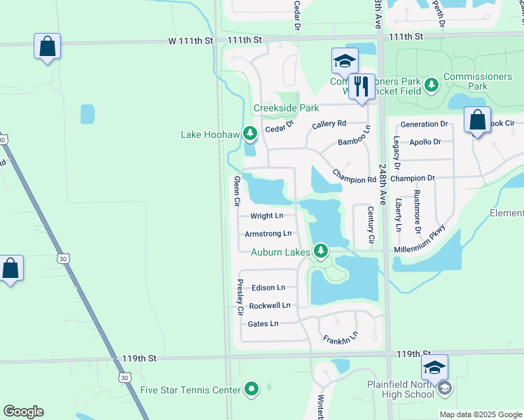 map of restaurants, bars, coffee shops, grocery stores, and more near 25100 Wright Lane in Plainfield