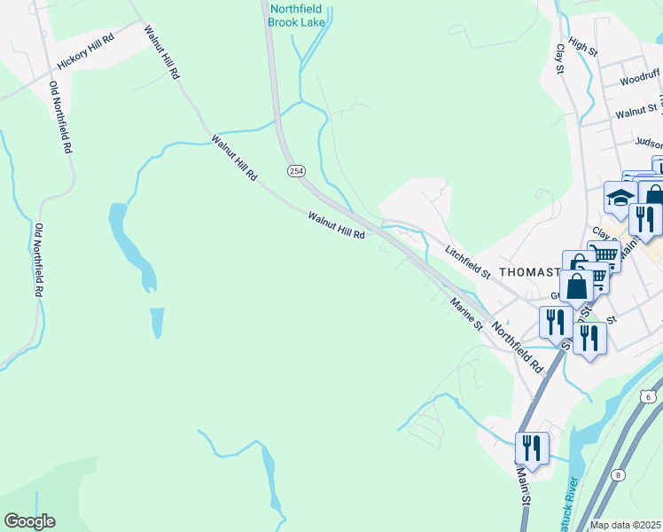 map of restaurants, bars, coffee shops, grocery stores, and more near 143 Walnut Hill Road in Thomaston