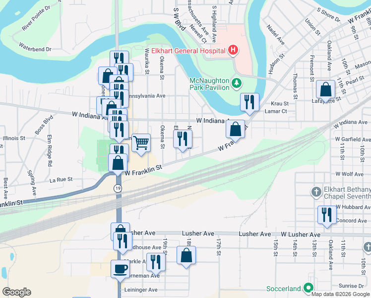 map of restaurants, bars, coffee shops, grocery stores, and more near 1917 Illinois Street in Elkhart