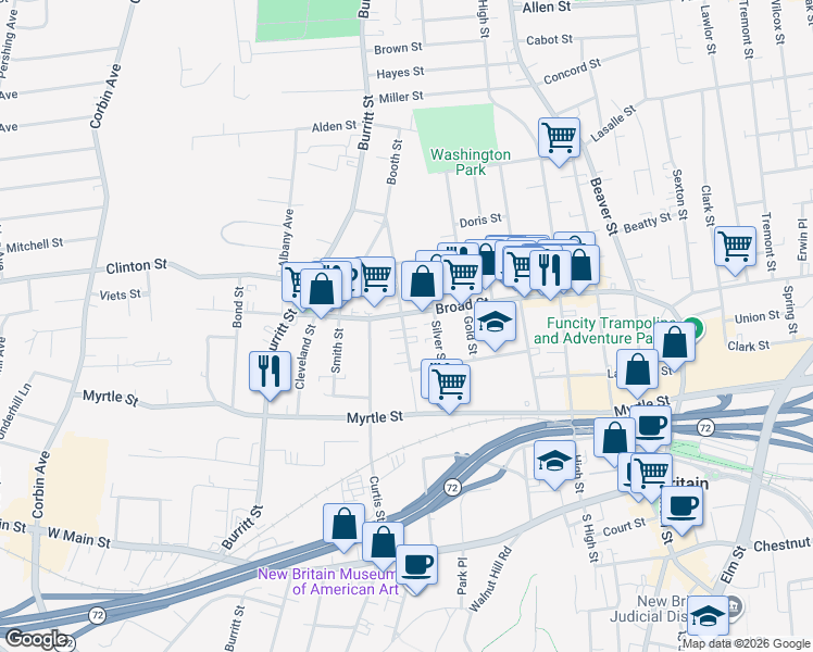 map of restaurants, bars, coffee shops, grocery stores, and more near 93 Booth Street in New Britain