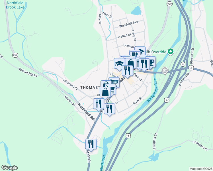 map of restaurants, bars, coffee shops, grocery stores, and more near 45 Grove Street in Thomaston