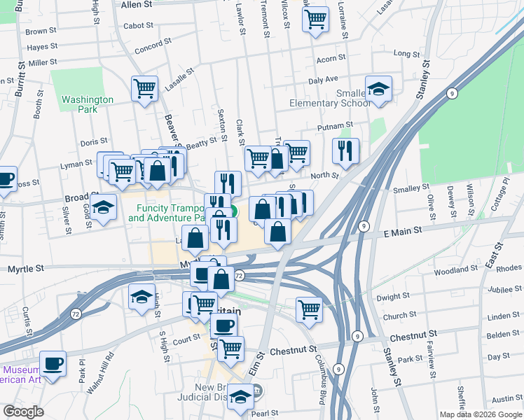 map of restaurants, bars, coffee shops, grocery stores, and more near 15 Union Street in New Britain