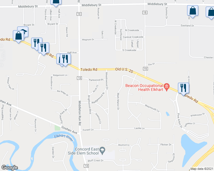 map of restaurants, bars, coffee shops, grocery stores, and more near 56628 Meadowood Drive in Elkhart