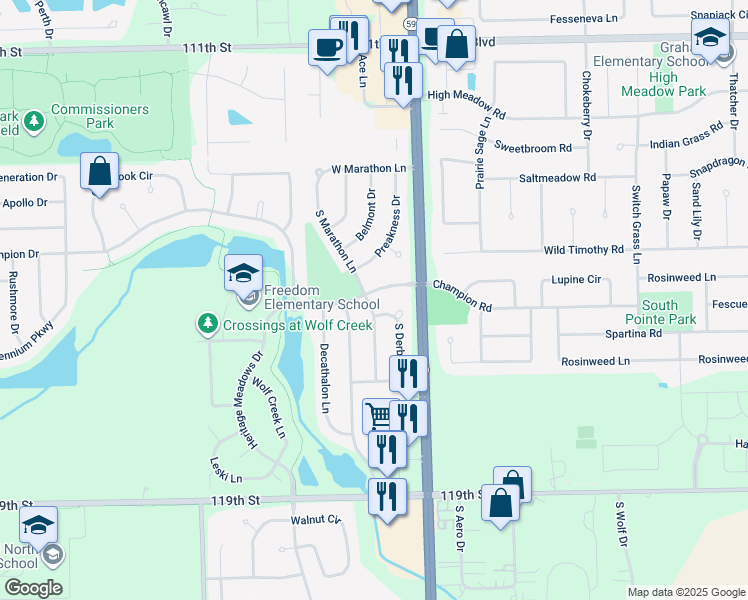 map of restaurants, bars, coffee shops, grocery stores, and more near 24057 West Champion Drive in Plainfield
