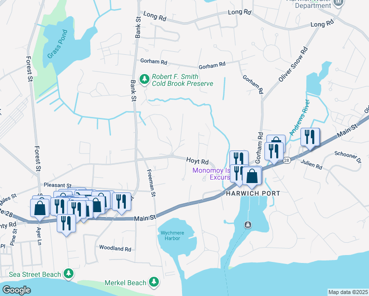 map of restaurants, bars, coffee shops, grocery stores, and more near 13 Belle Brook Lane in Harwich