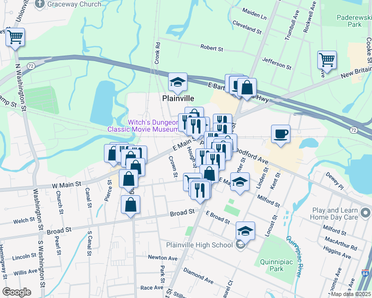map of restaurants, bars, coffee shops, grocery stores, and more near 98 East Main Street in Plainville