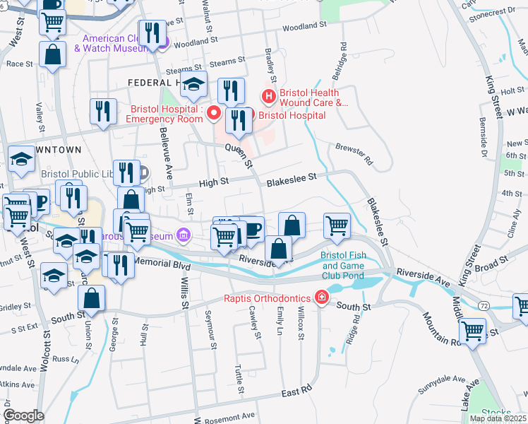 map of restaurants, bars, coffee shops, grocery stores, and more near 309 Queen Street in Bristol