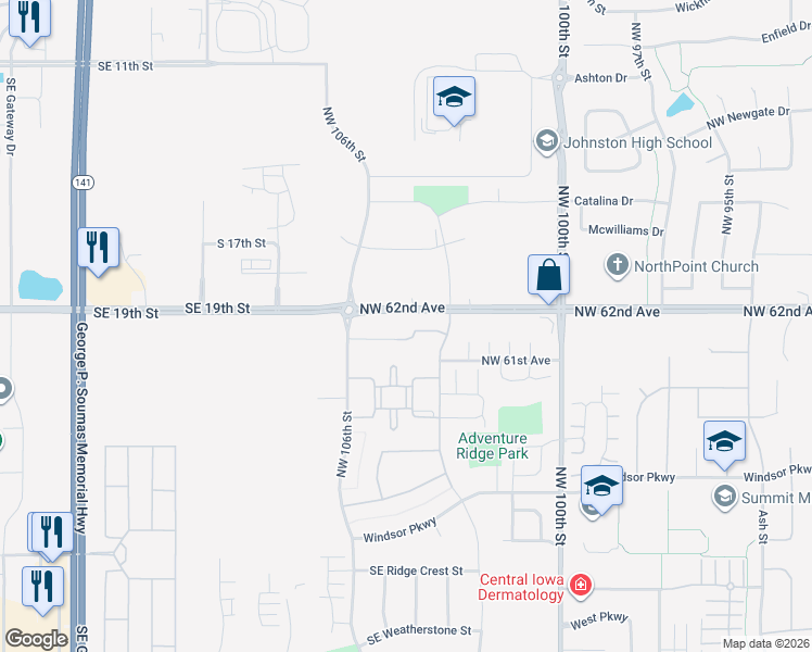 map of restaurants, bars, coffee shops, grocery stores, and more near 10471 Northwest 62nd Avenue in Johnston