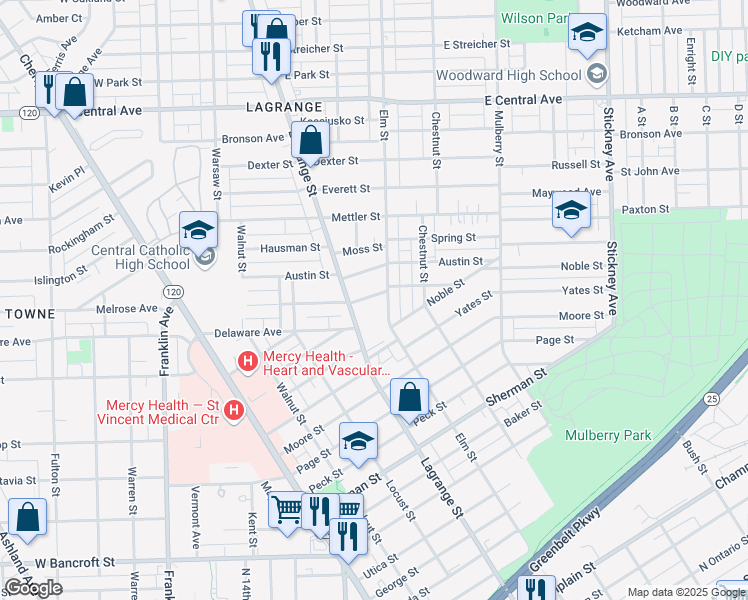 map of restaurants, bars, coffee shops, grocery stores, and more near 328 Palmer Street in Toledo