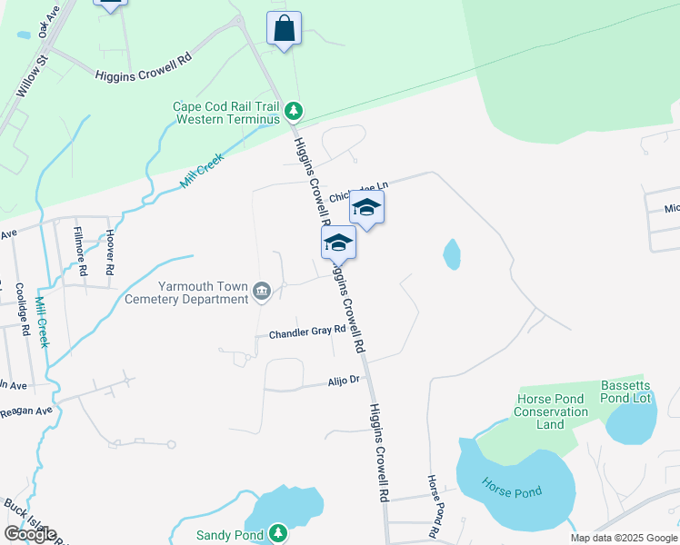 map of restaurants, bars, coffee shops, grocery stores, and more near 400 Higgins Crowell Road in Yarmouth