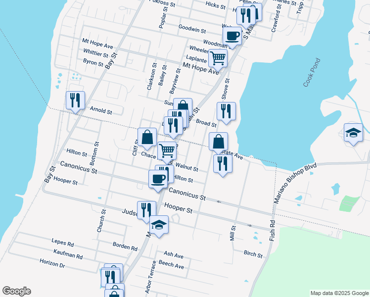 map of restaurants, bars, coffee shops, grocery stores, and more near 283 State Avenue in Tiverton