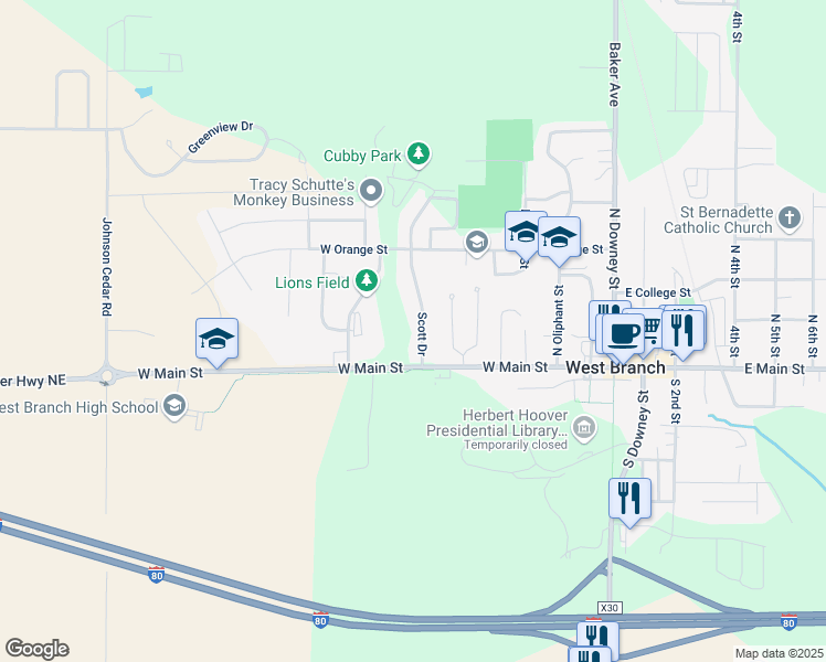 map of restaurants, bars, coffee shops, grocery stores, and more near 100-198 Scott Drive in West Branch