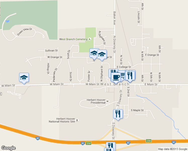 map of restaurants, bars, coffee shops, grocery stores, and more near 225 North Maple Street in West Branch