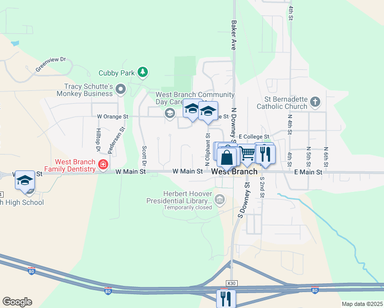 map of restaurants, bars, coffee shops, grocery stores, and more near 225 North Maple Street in West Branch