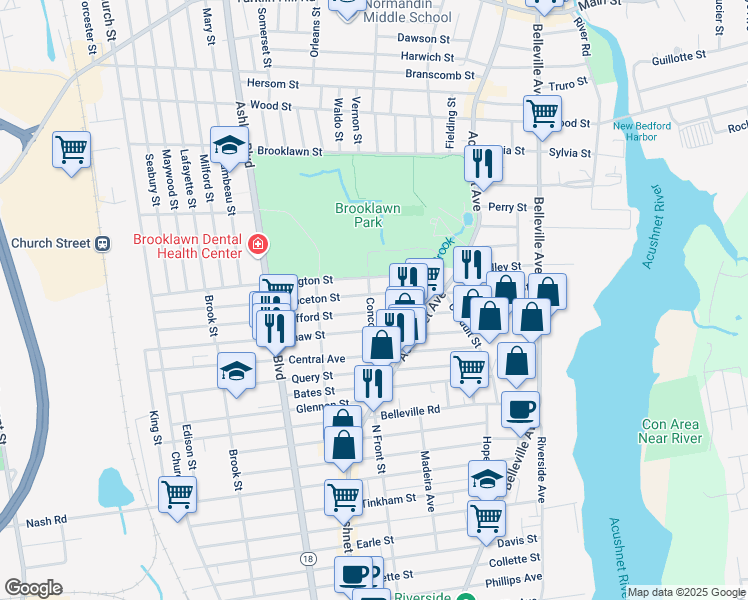 map of restaurants, bars, coffee shops, grocery stores, and more near 70-72 Irvington Street in New Bedford