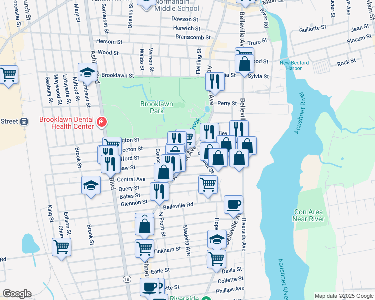 map of restaurants, bars, coffee shops, grocery stores, and more near 27-29 Princeton Street in New Bedford