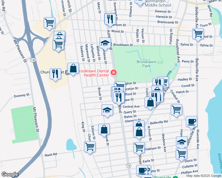 map of restaurants, bars, coffee shops, grocery stores, and more near 227 Irvington Street in New Bedford