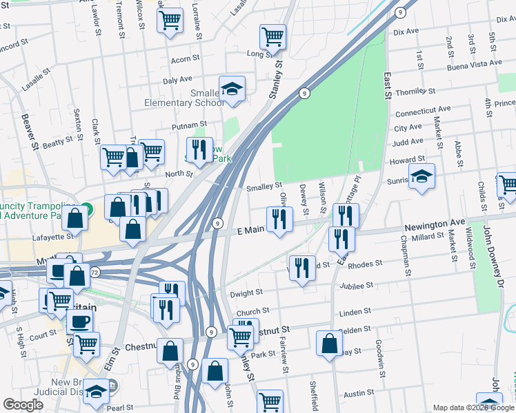 map of restaurants, bars, coffee shops, grocery stores, and more near 85 Smalley Street in New Britain
