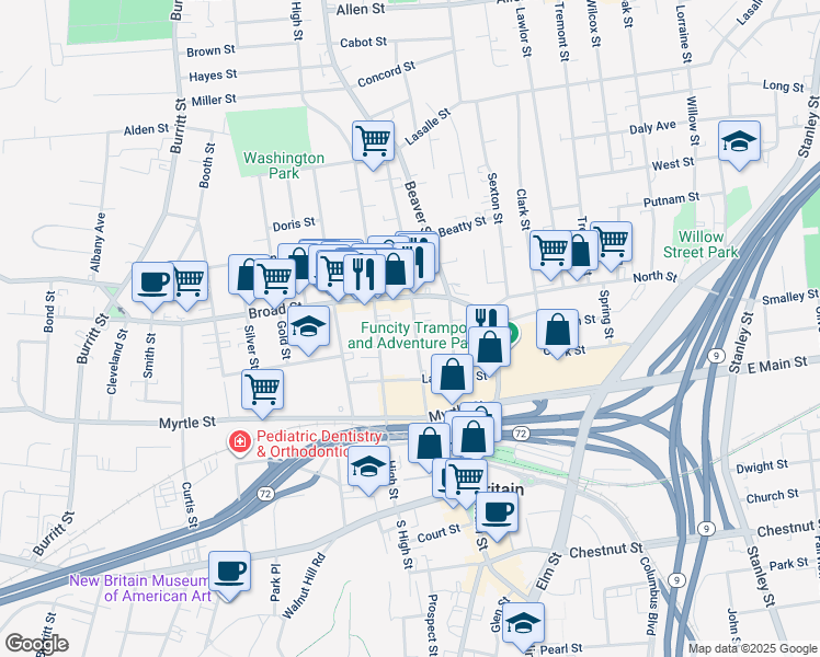 map of restaurants, bars, coffee shops, grocery stores, and more near 192 Washington Street in New Britain