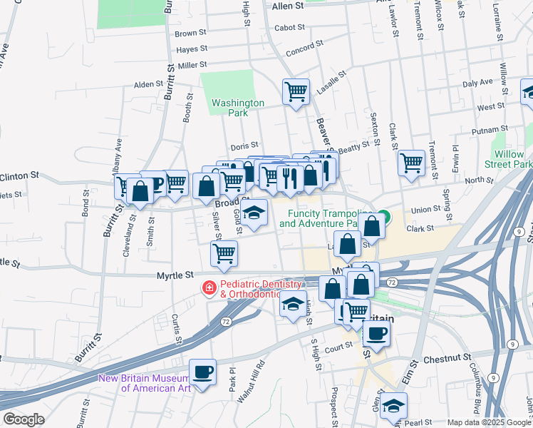 map of restaurants, bars, coffee shops, grocery stores, and more near 106 Broad Street in New Britain