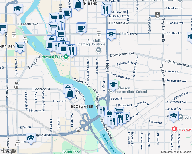 map of restaurants, bars, coffee shops, grocery stores, and more near 1004 Quimby Street in South Bend