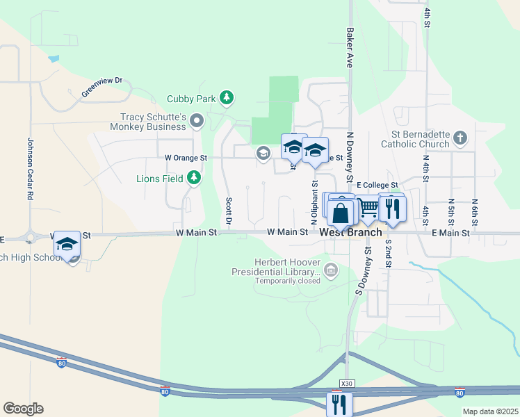 map of restaurants, bars, coffee shops, grocery stores, and more near 127 Thomas Street in West Branch