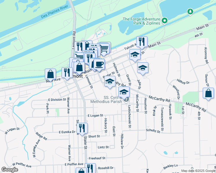 map of restaurants, bars, coffee shops, grocery stores, and more near 410 McCarthy Road in Lemont