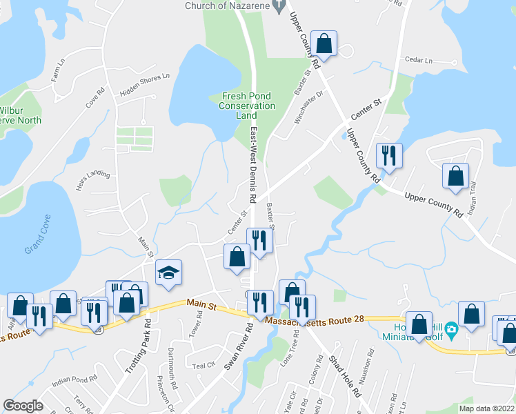 map of restaurants, bars, coffee shops, grocery stores, and more near 114 Massachusetts 134 in Dennis