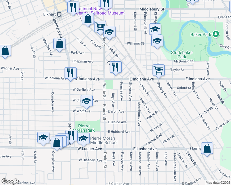 map of restaurants, bars, coffee shops, grocery stores, and more near 200 East Garfield Avenue in Elkhart