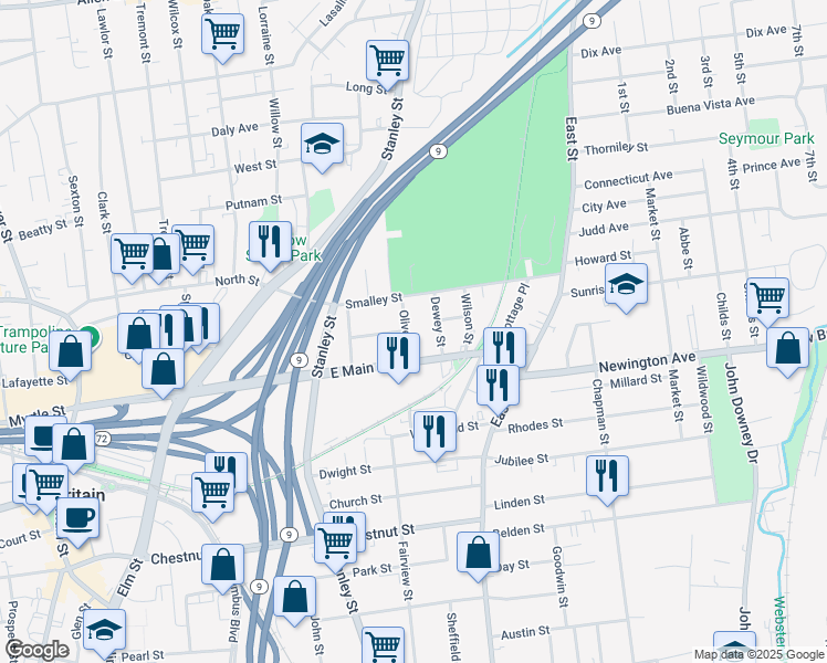 map of restaurants, bars, coffee shops, grocery stores, and more near 29 Olive Street in New Britain