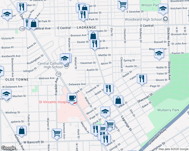 map of restaurants, bars, coffee shops, grocery stores, and more near 216 Austin Street in Toledo
