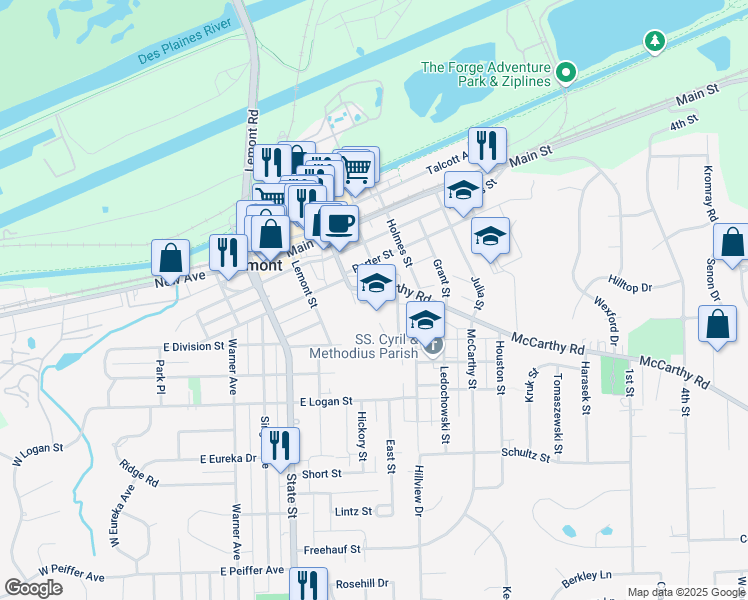 map of restaurants, bars, coffee shops, grocery stores, and more near 410 McCarthy Road in Lemont