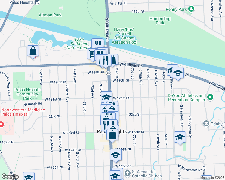 map of restaurants, bars, coffee shops, grocery stores, and more near 12001 South Harlem Avenue in Palos Heights